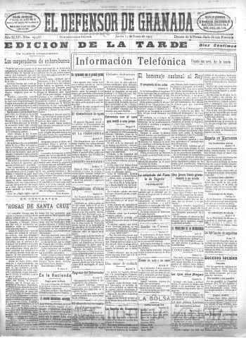 'El Defensor de Granada  : diario político independiente' - Año XLVII Número 23588 Ed. Tarde - 1925 Enero 15