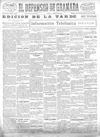 'El Defensor de Granada  : diario político independiente' - Año XLVII Número 23592 Ed. Tarde - 1925 Enero 17