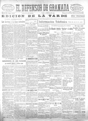 'El Defensor de Granada  : diario político independiente' - Año XLVII Número 23594 Ed. Tarde - 1925 Enero 19