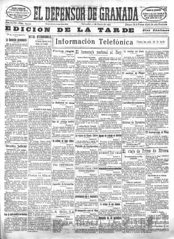 'El Defensor de Granada  : diario político independiente' - Año XLVII Número 23593 Ed. Tarde - 1925 Enero 21