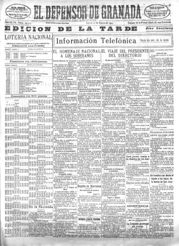 'El Defensor de Granada  : diario político independiente' - Año XLVII Número 23595 Ed. Tarde - 1925 Enero 22