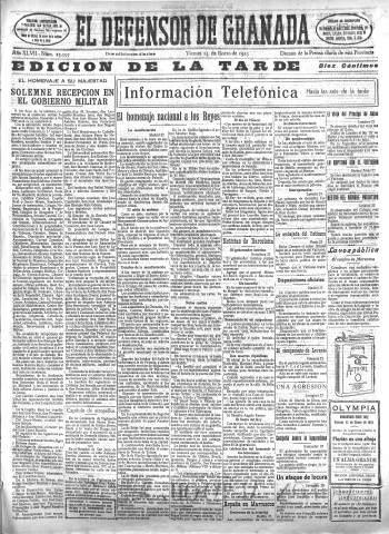 'El Defensor de Granada  : diario político independiente' - Año XLVII Número 23597 Ed. Tarde - 1925 Enero 23