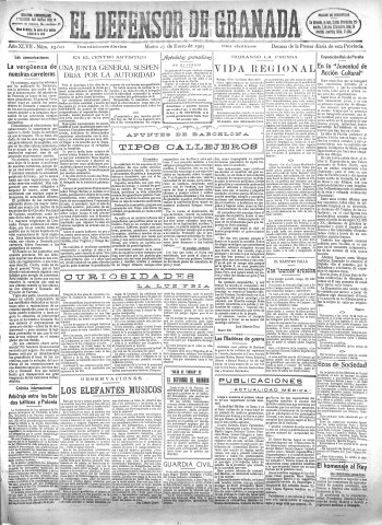 'El Defensor de Granada  : diario político independiente' - Año XLVII Número 23601 Ed. Mañana - 1925 Enero 27