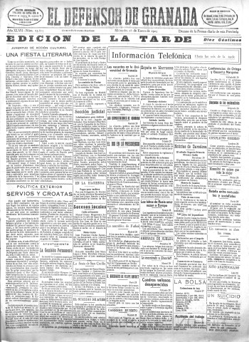 'El Defensor de Granada  : diario político independiente' - Año XLVII Número 23603 Ed. Tarde - 1925 Enero 28