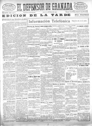 'El Defensor de Granada  : diario político independiente' - Año XLVII Número 23604 Ed. Tarde - 1925 Enero 29