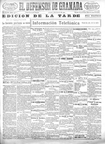 'El Defensor de Granada  : diario político independiente' - Año XLVII Número 23612 Ed. Tarde - 1925 Febrero 06