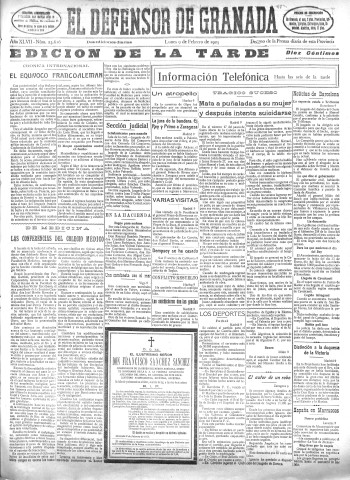 'El Defensor de Granada  : diario político independiente' - Año XLVII Número 23616 Ed. Tarde - 1925 Febrero 09