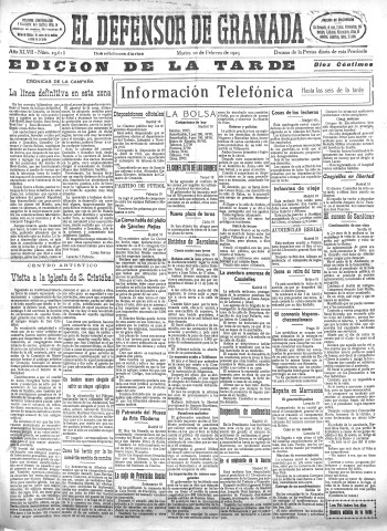 'El Defensor de Granada  : diario político independiente' - Año XLVII Número 23618 Ed. Tarde - 1925 Febrero 10