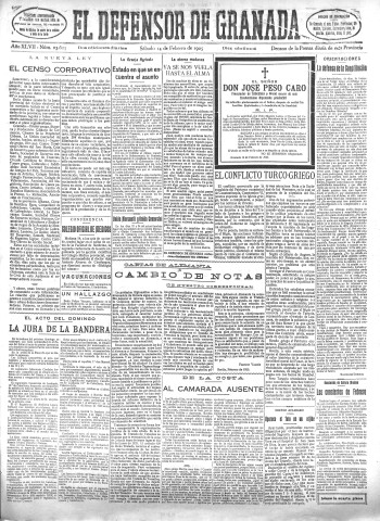 'El Defensor de Granada  : diario político independiente' - Año XLVII Número 23625 Ed. Mañana - 1925 Febrero 14
