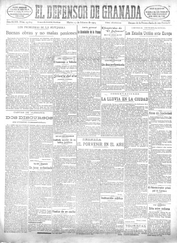 'El Defensor de Granada  : diario político independiente' - Año XLVII Número 23629 Ed. Mañana - 1925 Febrero 17