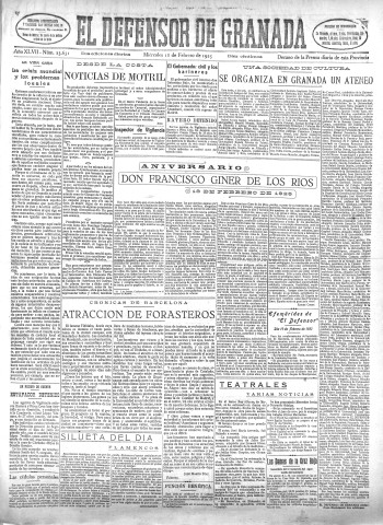'El Defensor de Granada  : diario político independiente' - Año XLVII Número 23631 Ed. Mañana - 1925 Febrero 18
