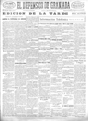 'El Defensor de Granada  : diario político independiente' - Año XLVII Número 23636 Ed. Tarde - 1925 Febrero 20