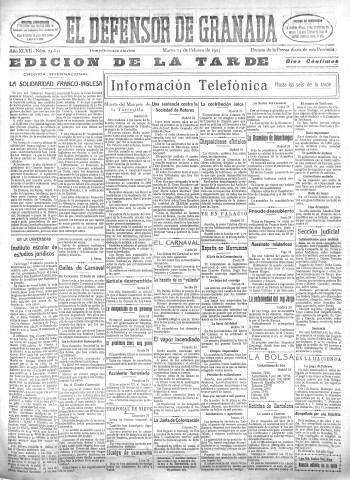 'El Defensor de Granada  : diario político independiente' - Año XLVII Número 23642 Ed. Tarde - 1925 Febrero 24