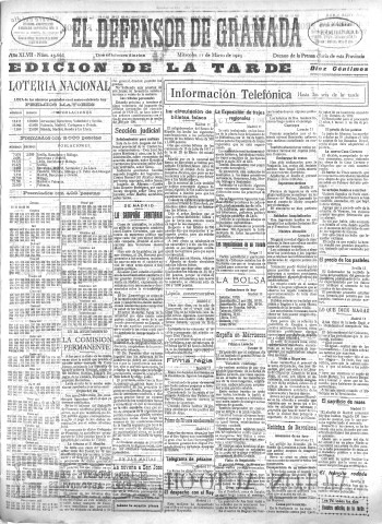 'El Defensor de Granada  : diario político independiente' - Año XLVII Número 23668 Ed. Tarde - 1925 Marzo 11