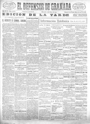 'El Defensor de Granada  : diario político independiente' - Año XLVII Número 23680 Ed. Tarde - 1925 Marzo 18
