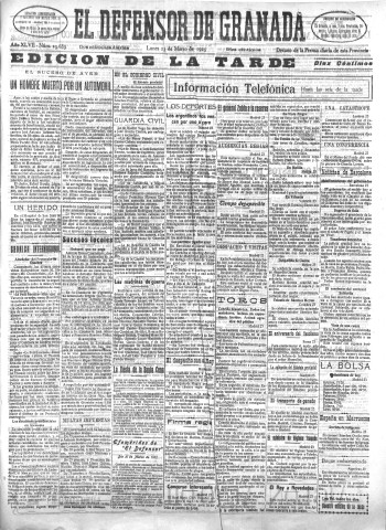 'El Defensor de Granada  : diario político independiente' - Año XLVII Número 23689 Ed. Tarde - 1925 Marzo 23