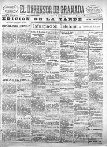 'El Defensor de Granada  : diario político independiente' - Año XLVII Número 23709 Ed. Tarde - 1925 Abril 03