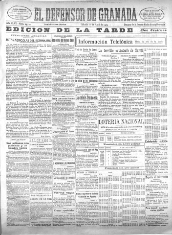 'El Defensor de Granada  : diario político independiente' - Año XLVII Número 23721 Ed. Tarde - 1925 Abril 11
