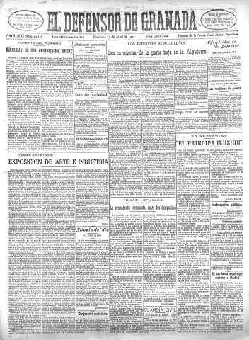 'El Defensor de Granada  : diario político independiente' - Año XLVII Número 23726 Ed. Mañana - 1925 Abril 15