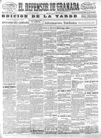 'El Defensor de Granada  : diario político independiente' - Año XLVII Número 23727 Ed. Tarde - 1925 Abril 15
