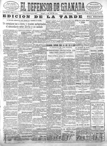 'El Defensor de Granada  : diario político independiente' - Año XLVII Número 23733 Ed. Tarde - 1925 Abril 18