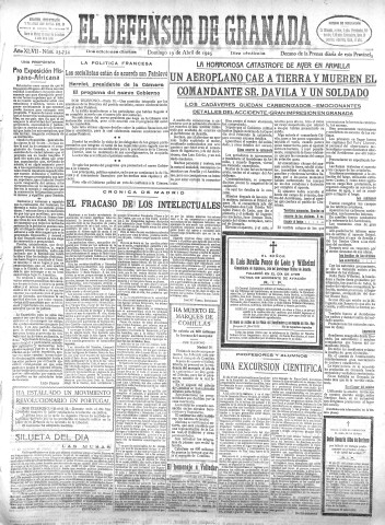'El Defensor de Granada  : diario político independiente' - Año XLVII Número 23734 Ed. Mañana - 1925 Abril 19