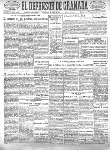 'El Defensor de Granada  : diario político independiente' - Año XLVII Número 23738 Ed. Mañana - 1925 Abril 22