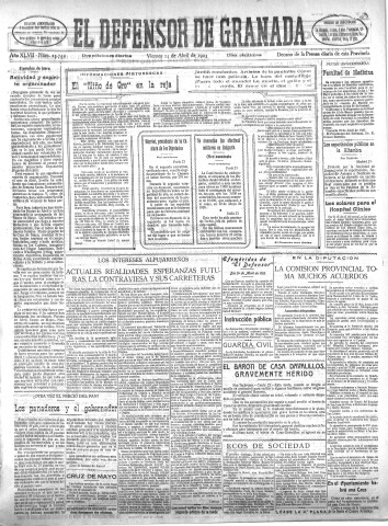 'El Defensor de Granada  : diario político independiente' - Año XLVII Número 23742 Ed. Mañana - 1925 Abril 24