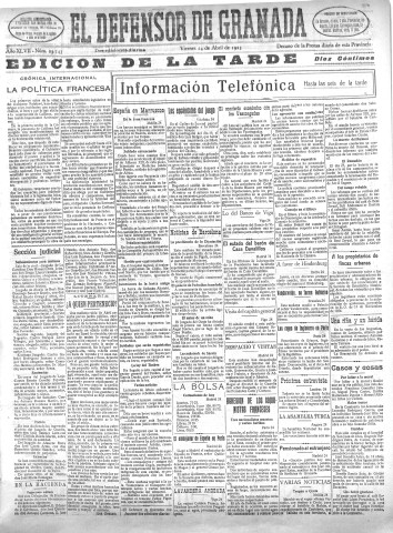 'El Defensor de Granada  : diario político independiente' - Año XLVII Número 23743 Ed. Tarde - 1925 Abril 24