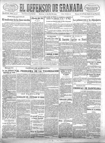 'El Defensor de Granada  : diario político independiente' - Año XLVII Número 23746 Ed. Mañana - 1925 Abril 26