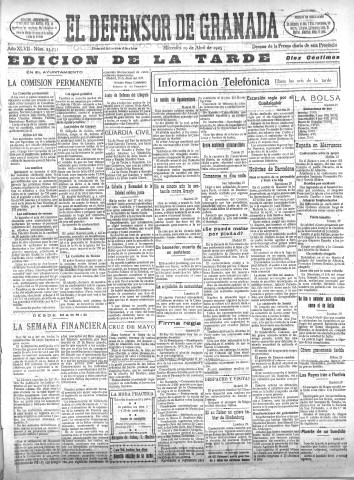 'El Defensor de Granada  : diario político independiente' - Año XLVII Número 23751 Ed. Tarde - 1925 Abril 29
