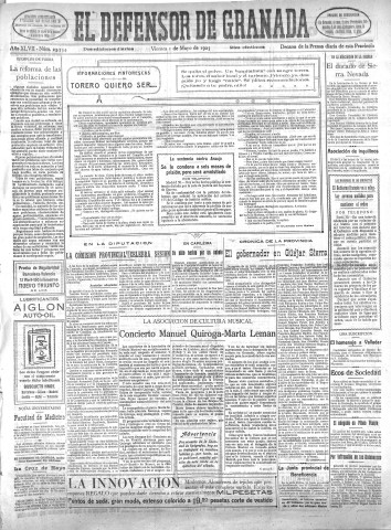 'El Defensor de Granada  : diario político independiente' - Año XLVII Número 23754 Ed. Mañana - 1925 Mayo 01
