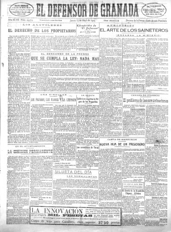'El Defensor de Granada  : diario político independiente' - Año XLVII Número 23774 Ed. Mañana - 1925 Mayo 14