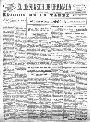 'El Defensor de Granada  : diario político independiente' - Año XLVII Número 23781 Ed. Tarde - 1925 Mayo 18