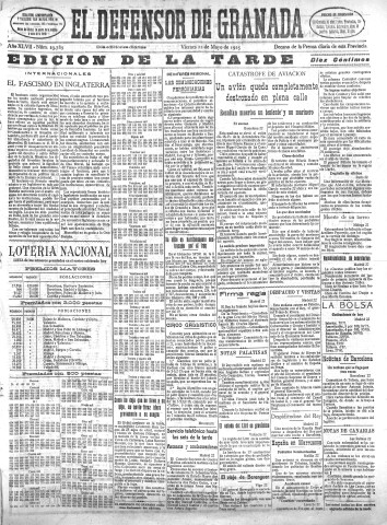 'El Defensor de Granada  : diario político independiente' - Año XLVII Número 23789 Ed. Tarde - 1925 Mayo 22