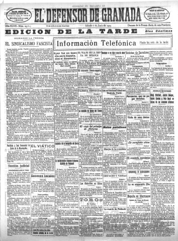 'El Defensor de Granada  : diario político independiente' - Año XLVII Número 23815 Ed. Tarde - 1925 Junio 06