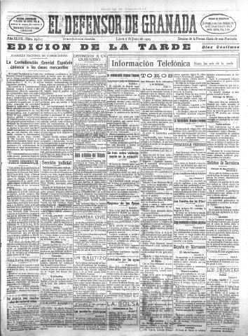 'El Defensor de Granada  : diario político independiente' - Año XLVII Número 23817 Ed. Tarde - 1925 Junio 08