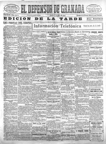 'El Defensor de Granada  : diario político independiente' - Año XLVII Número 23819 Ed. Tarde - 1925 Junio 09
