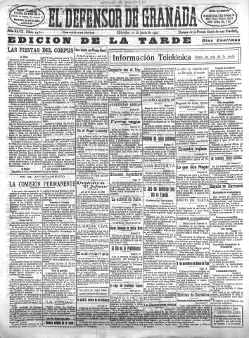 'El Defensor de Granada  : diario político independiente' - Año XLVII Número 23821 Ed. Tarde - 1925 Junio 10
