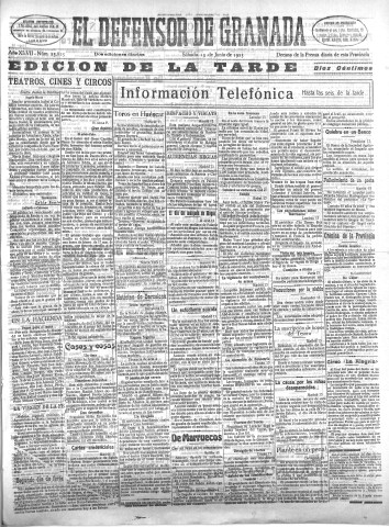 'El Defensor de Granada  : diario político independiente' - Año XLVII Número 23825 Ed. Tarde - 1925 Junio 13