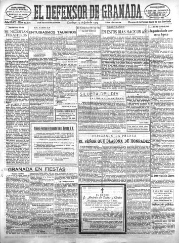'El Defensor de Granada  : diario político independiente' - Año XLVII Número 23826 Ed. Mañana - 1925 Junio 14