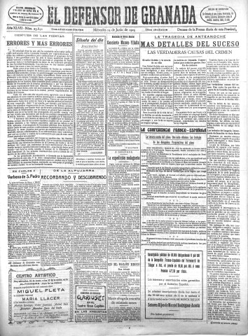 'El Defensor de Granada  : diario político independiente' - Año XLVII Número 23842 Ed. Mañana - 1925 Junio 24