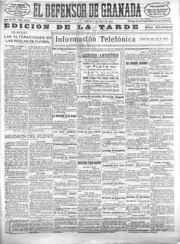 'El Defensor de Granada  : diario político independiente' - Año XLVII Número 23849 Ed. Tarde - 1925 Junio 27