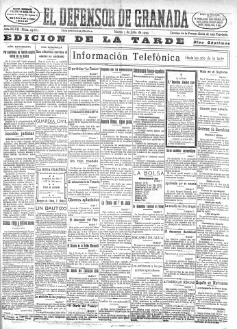 'El Defensor de Granada  : diario político independiente' - Año XLVII Número 23864 Ed. Tarde - 1925 Julio 07