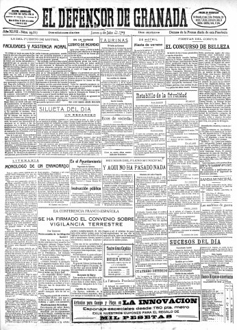 'El Defensor de Granada  : diario político independiente' - Año XLVII Número 23867 Ed. Mañana - 1925 Julio 09