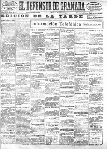 'El Defensor de Granada  : diario político independiente' - Año XLVII Número 23876 Ed. Tarde - 1925 Julio 14
