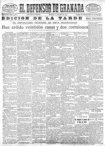 'El Defensor de Granada  : diario político independiente' - Año XLVII Número 23878 Ed. Tarde - 1925 Julio 15