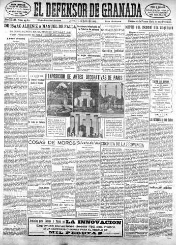 'El Defensor de Granada  : diario político independiente' - Año XLVII Número 23891 Ed. Mañana - 1925 Julio 23