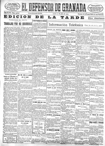 'El Defensor de Granada  : diario político independiente' - Año XLVII Número 23898 Ed. Tarde - 1925 Julio 27