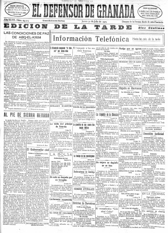 'El Defensor de Granada  : diario político independiente' - Año XLVII Número 23903 Ed. Tarde - 1925 Julio 30